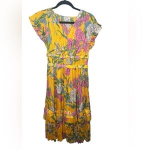 Current Air Seria Floral Midi Floral Dress in Marigold V Neck Cap Sleeves Size S